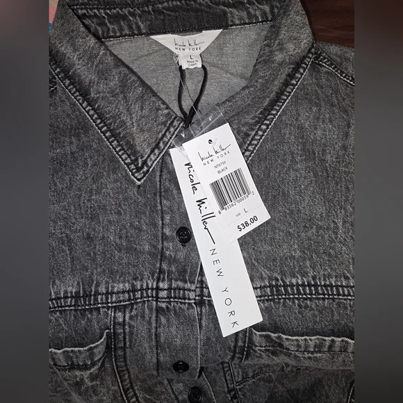 Nicole Miller New York-Black Denim Oversized Crop Button Up Size Large - Picture 6 of 6